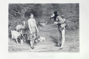 An engraving from Shakespeare's 'As You Like It' showing the jester, Touchstone and Audrey as a shepherdess. From a volume of Shakespeare's works dated 1873.